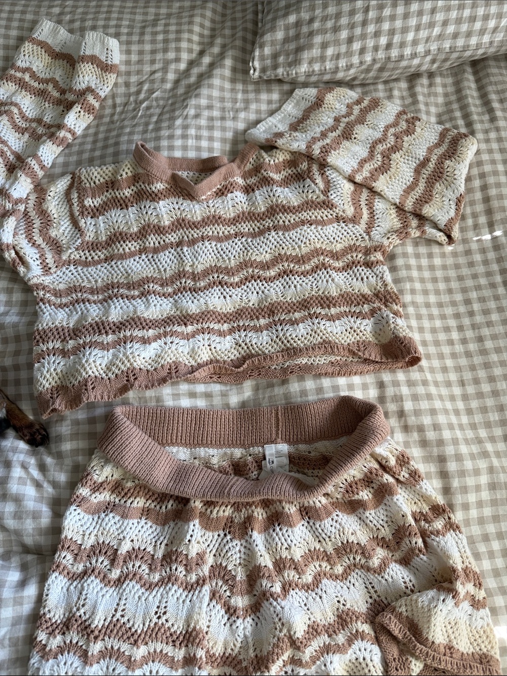 Cupshe Cream and Tan Striped Open-Knit Sweater Set